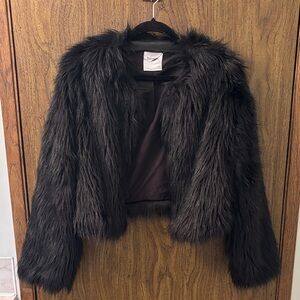 Bershka Black Faux Fur Plush Cropped Jacket
